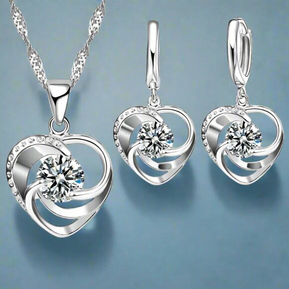 Unbranded Jewelry - 925 Sterling Silver Heart Necklace & Earrings Set CZ Swirl Design